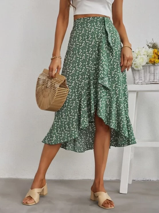Ditsy Floral Print Ruffle Hem Trim Wrap Skirt - Image 4