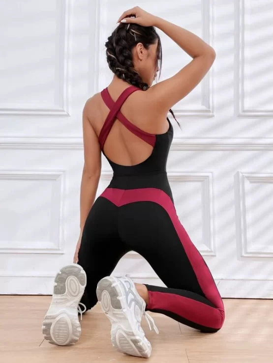Contrast Side Seam Crisscross Backless Sports Jumpsuit - Image 4