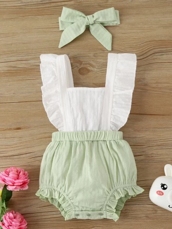 Baby Girl Ruffle Combo Pinafore Trim Bodysuit With Headband - Image 4