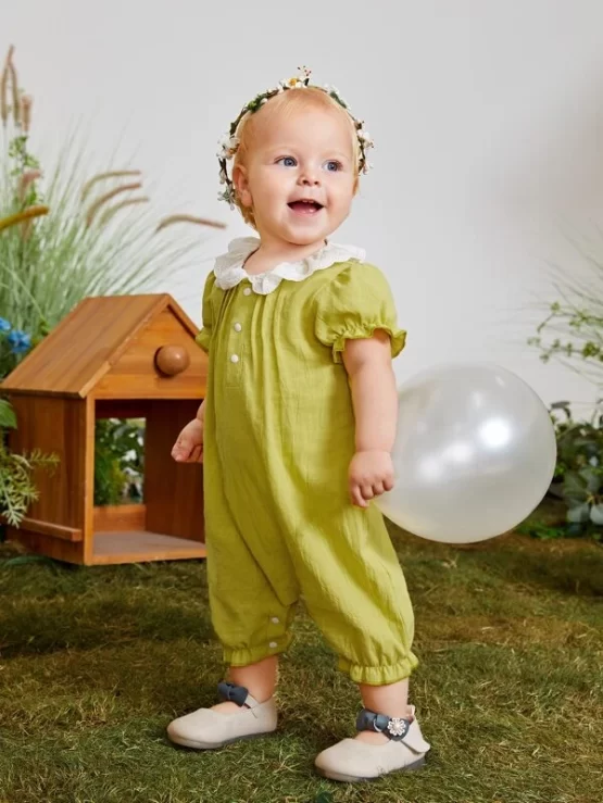 Baby Eyelet Embroidery Puff Sleeve Ruffle Hem Button Front Romper - Image 4