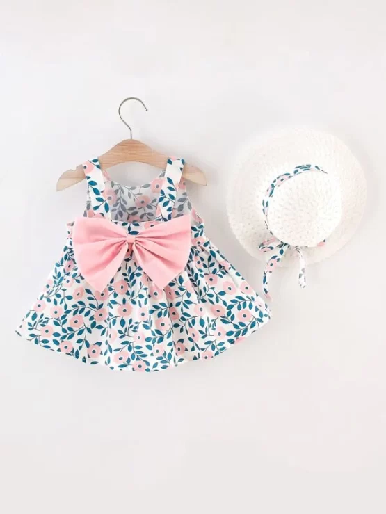 Baby Floral Big Bow Back Smock Dress With Hat