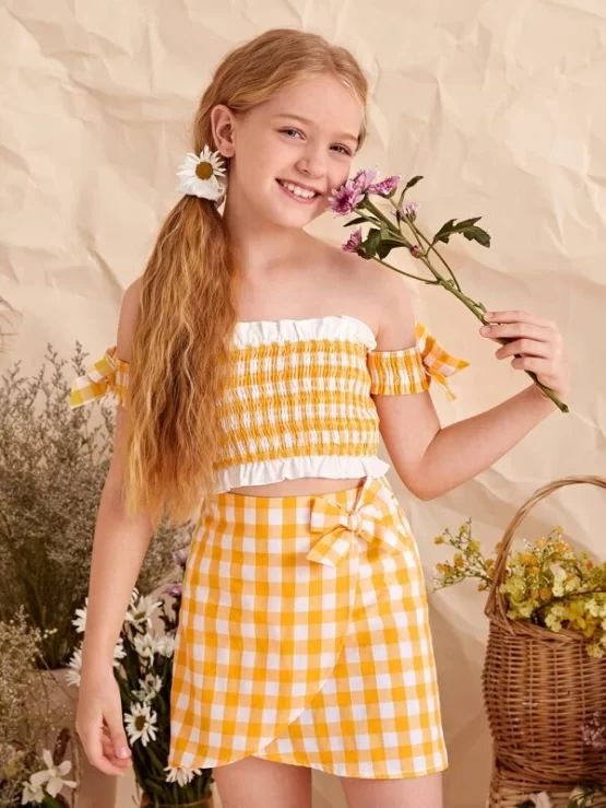 Girls Gingham Shirred Bardot Top & Wrap Skirt Set