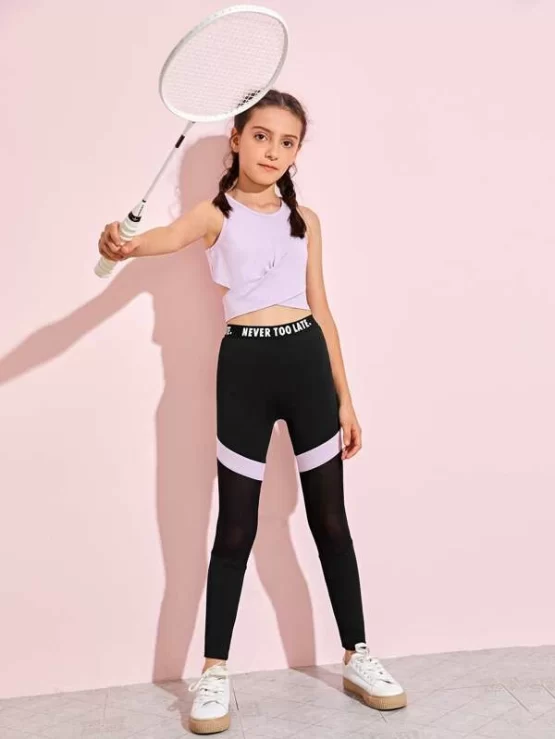Girls Crisscross Tank Cami Top & Slogan Tape Mesh Insert Leggings Set - Image 4