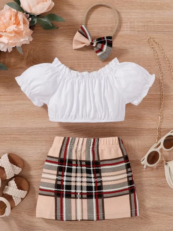 Baby Frill Trim Top & Plaid Skirt & Headband - Image 4