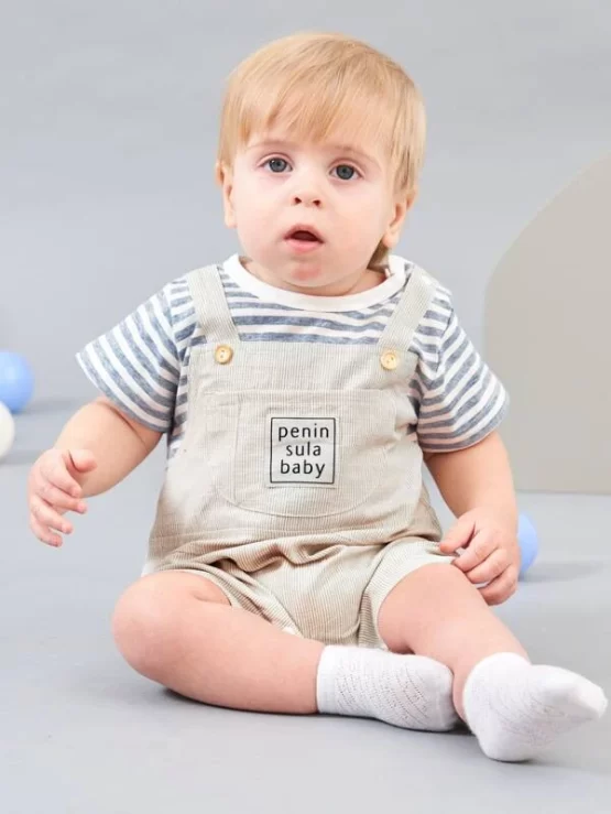 Peninsula Baby Striped & Letter Graphic 2 In 1 Romper