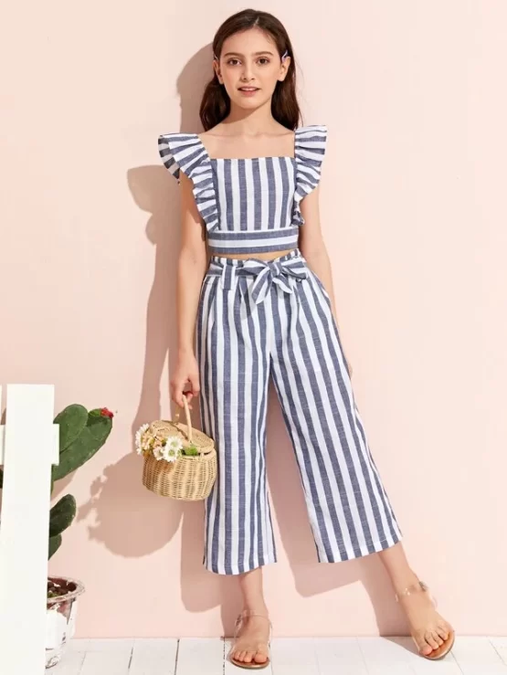 Girls Ruffle Armhole Striped Top and Tie Waist Pants Set - Image 4