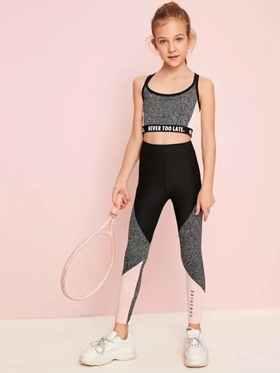 Girls Slogan Tape Detail Marled Panel Cami Top and Leggings Set