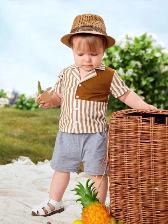 Baby Striped Button Front Print Shirt & Shorts - Image 4