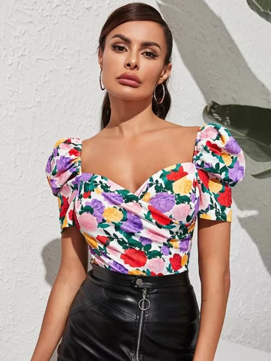Sweetheart Wrap Neck Puff Floral Sleeve Top