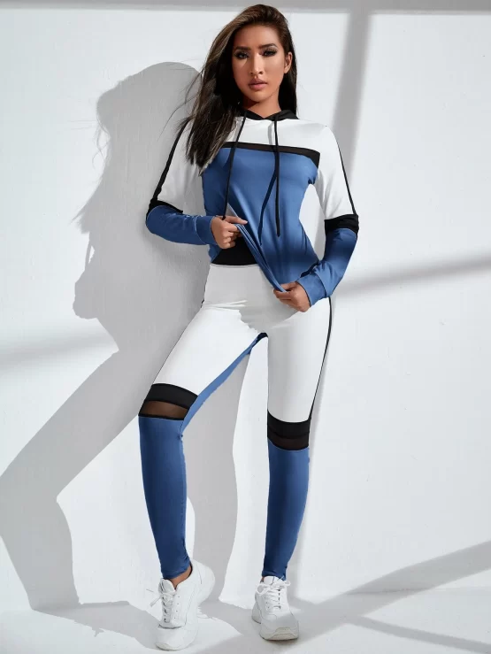 Color Block Drawstring Detail Sports Hoodie & Contrast Mesh Sports Leggings - Image 4