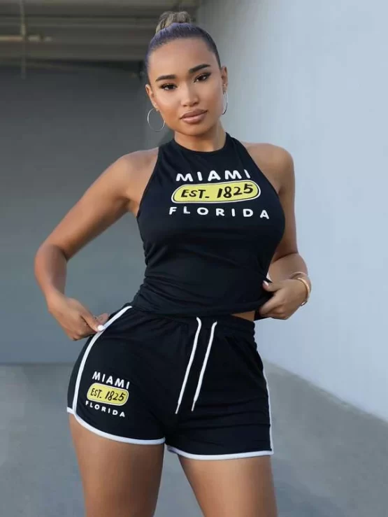 Softness Letter Graphic Racerback Contrast Binding Drawstring Sports Set