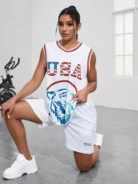 Tiger & Letter Graphic Striped Trim Sports Set - Image 4