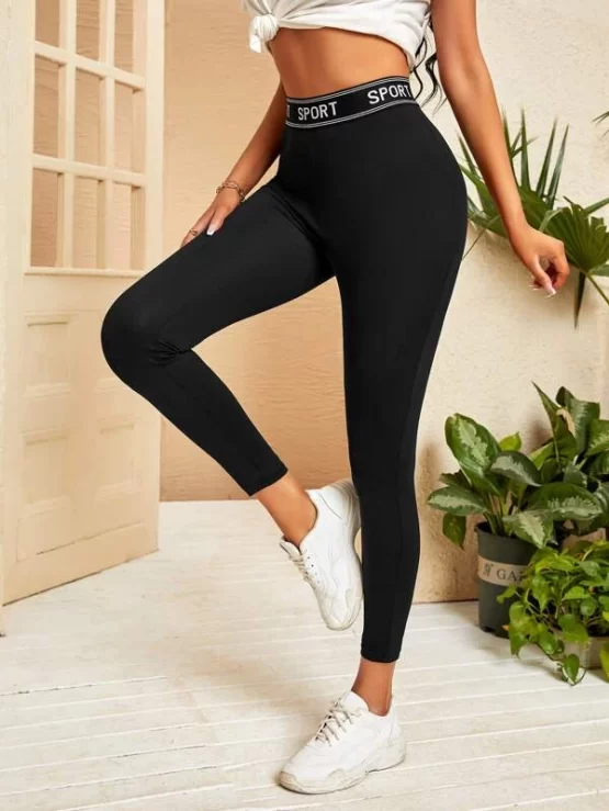 Contrast Cropped Letter Tape Sporty Leggings - Image 4