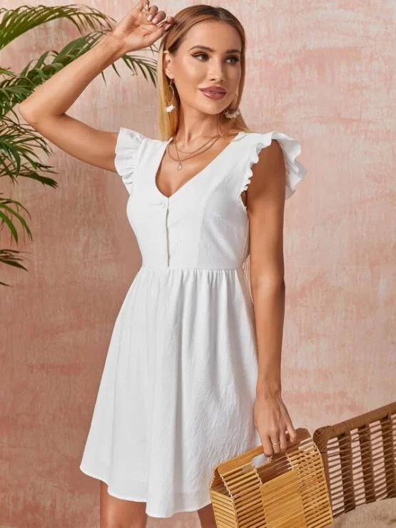 Ruffle Casual Quarter Button Front Trim Dress