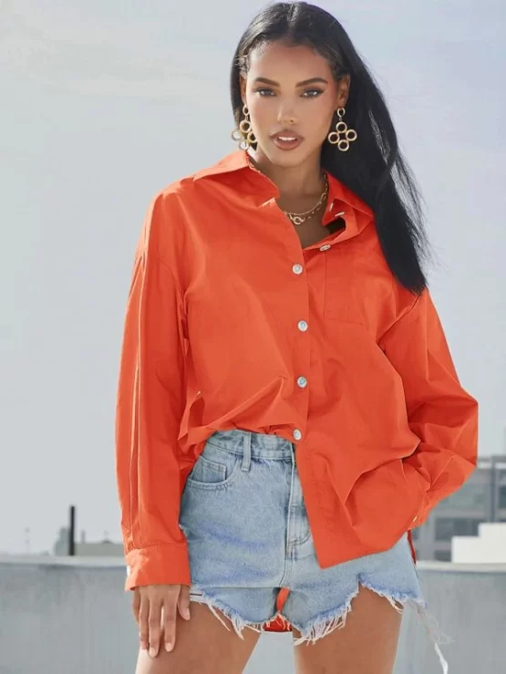 Drop Shoulder Pocket Button Front Blouse