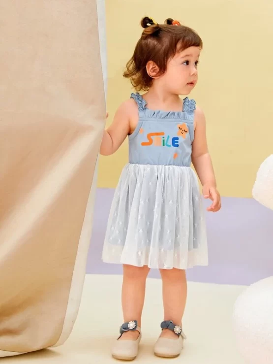 Baby Star & Letter Graphic Frill Trim Contrast Mesh Cami Dress