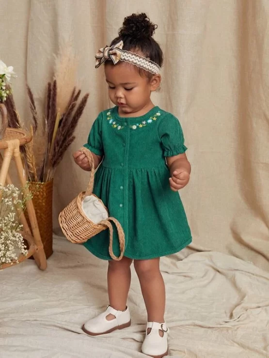 Baby Floral Embroidery Button Front Smock Dress