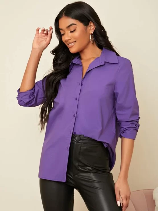 Solid Plain Single Button Placket Front Blouse - Image 4