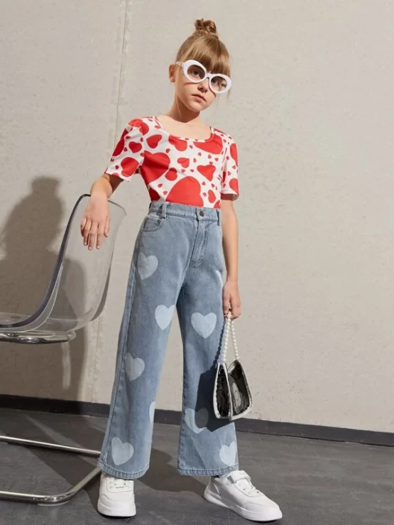 Girls Heart Print Pocket High Waist Wide Leg Jeans