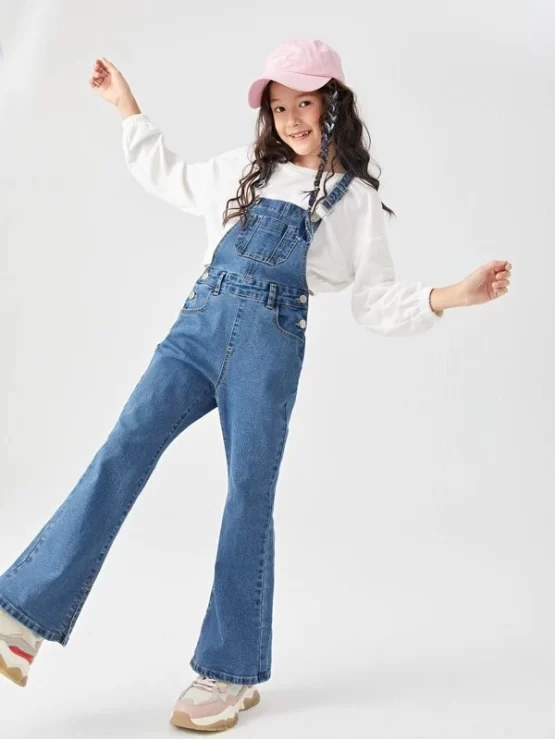 Girls 1pc Front Denim Flare Leg Pocket Overalls Without Pullover - Image 4