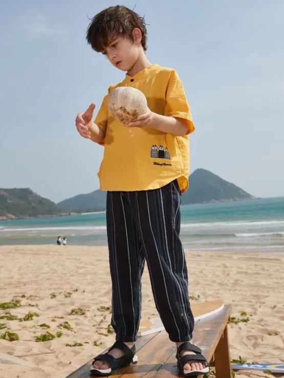 Boys Cartoon & Letter Embroidery Half Button Drop Shoulder Top & Striped Pants - Image 4