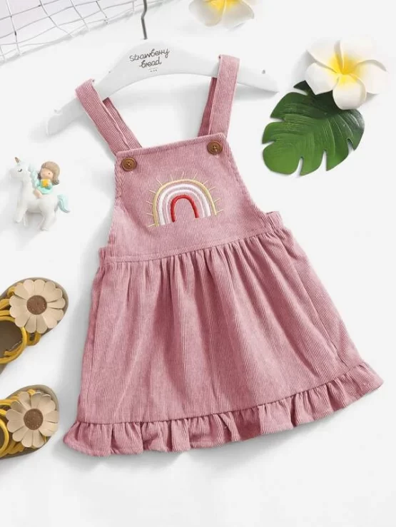 Baby Rainbow Embroidery Ruffle Hem Corduroy Overall Dress