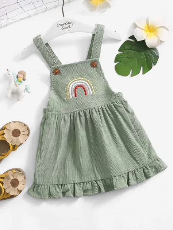 Baby Rainbow Embroidery Ruffle Hem Corduroy Overall Dress - Image 10
