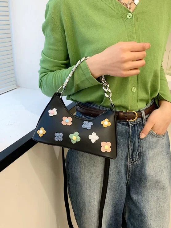 Flower Floral Chain Decor Baguette Bag - Image 4