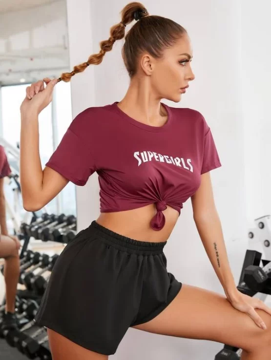 Letter Graphic Drop Shoulder Crop Sports Tee & Shorts