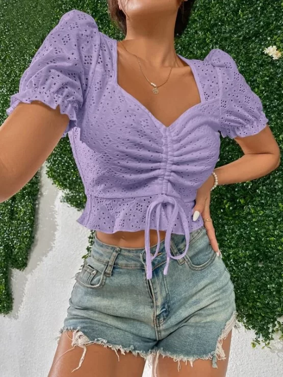 Sweetheart Neck Drawstring Front Puff Sleeve Eyelet Embroidery Crop Top