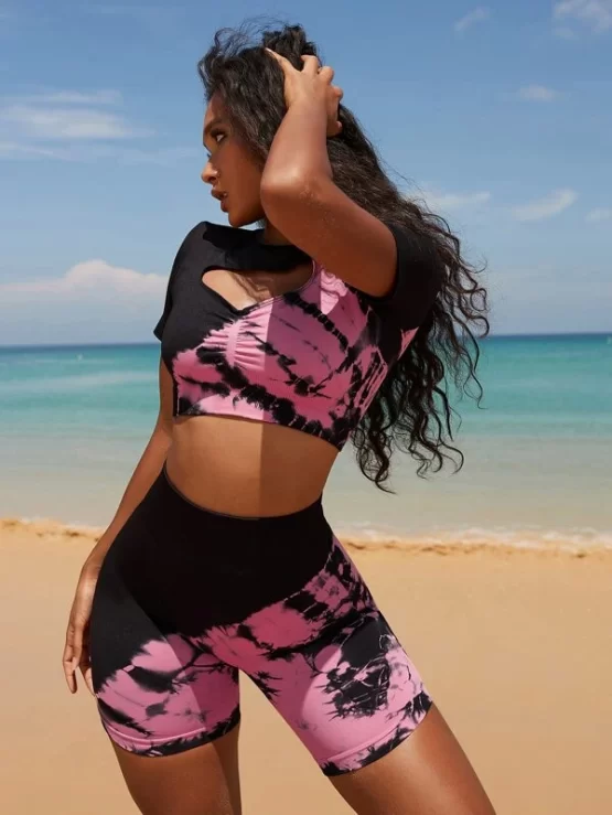 Seamless Tie Dye Ruched Cut Out Front Sports Set - Image 4
