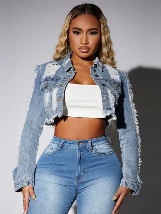 Ripped Pocket Button Front Raw Hem Denim Jacket - Image 4