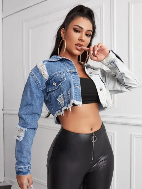 Ripped Detail Distressed Hem Spliced Crop Denim Jacket - Image 4