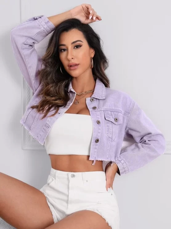 Drop Shoulder Raw Hem Crop Denim Jacket