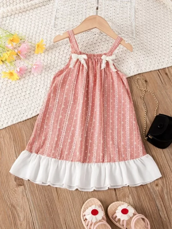 Toddler Girls Gingham Contrast Lace Bow Front Ruffle Hem Cami Dress - Image 4