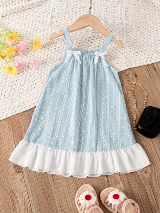 Toddler Girls Gingham Contrast Lace Bow Front Ruffle Hem Cami Dress - Image 7