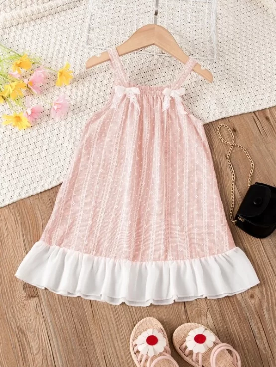 Toddler Girls Gingham Contrast Lace Bow Front Ruffle Hem Cami Dress - Image 10
