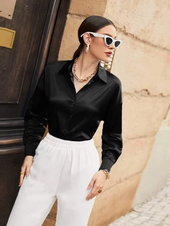 Button Up Front Collar Drop Shoulder Blouse - Image 9