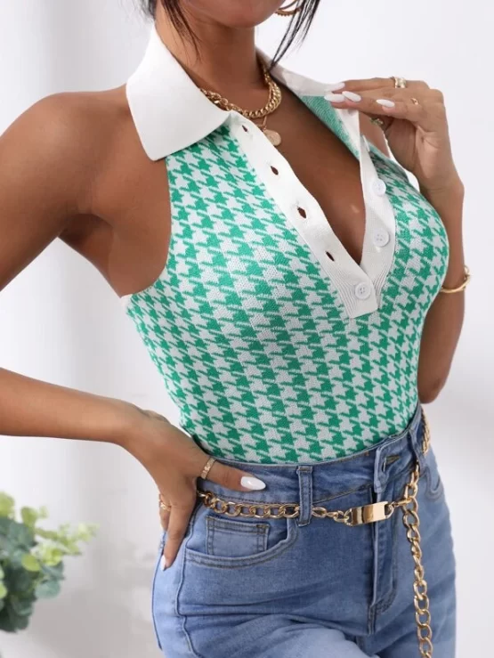 Houndstooth Pattern Half Button Knit Halter Top - Image 4