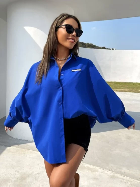 Metal Patched Button Front Detail Dolman Sleeve Blouse