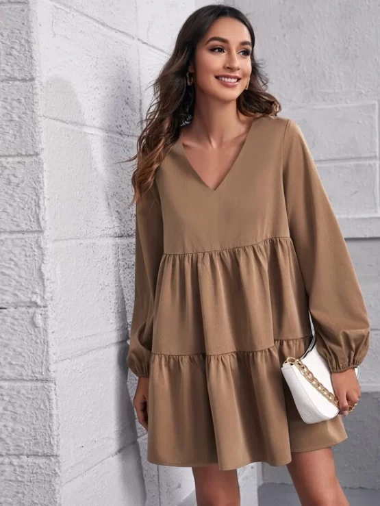 Lantern Plain Ruffle Hem Sleeve Smock Dress