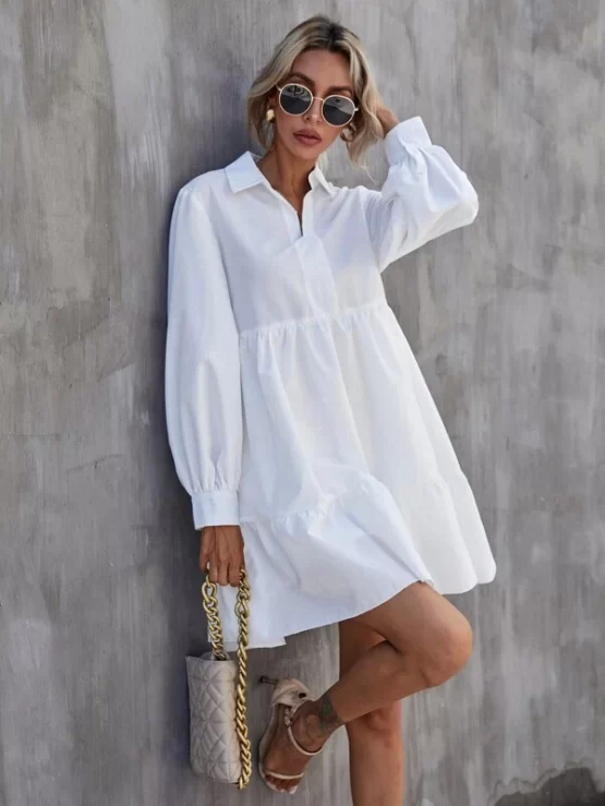 Solid Collar Flounce Lantern Sleeve Smock Dress - Image 4
