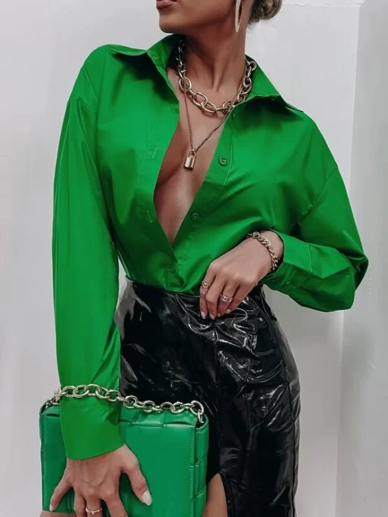 Solid Collar Button Up Front Longline Blouse