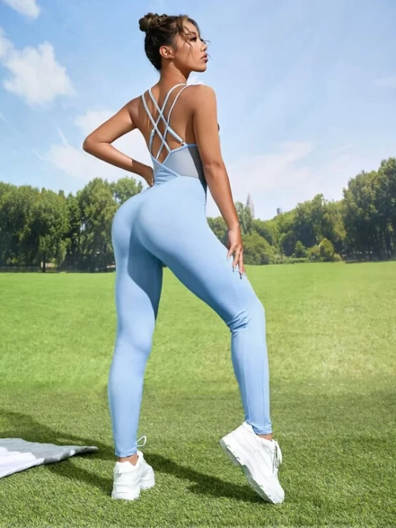 Contrast Mesh Criss Cross Back Sports Jumpsuit