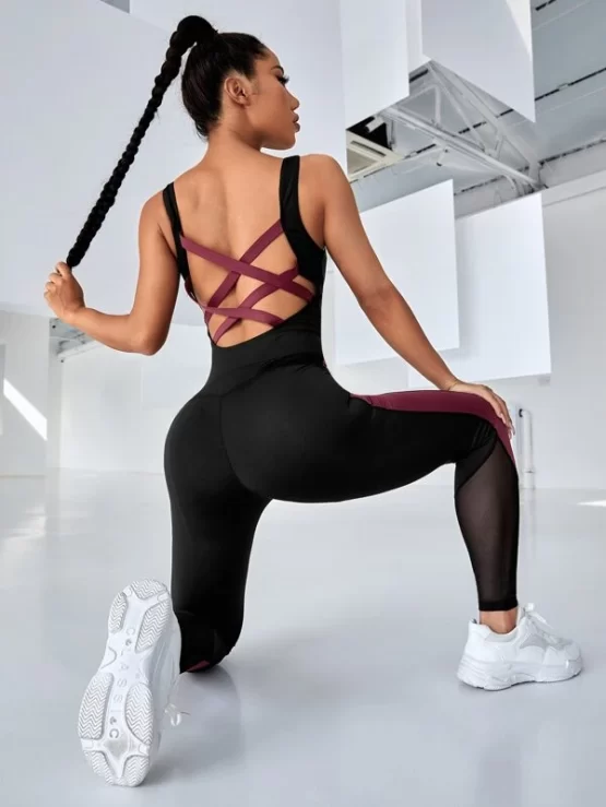 Color Block Contrast Mesh Lace Up Sports Jumpsuit