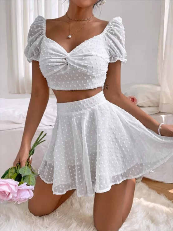 Swiss Dot Twist Front Bow Back Blouse & Skirt
