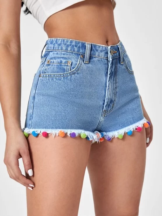 Pompom Pocket Detail Raw Trim Denim Shorts