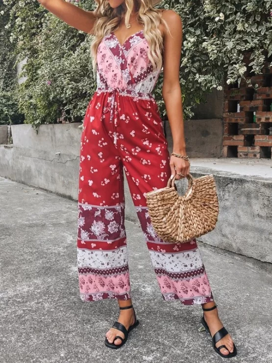 Floral & Polka Dot Print Knot Front Wide Leg Cami Jumpsuit - Image 4