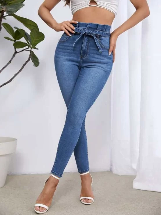 High Waist Pocket Button Zipper Belted Skinny Jeans
