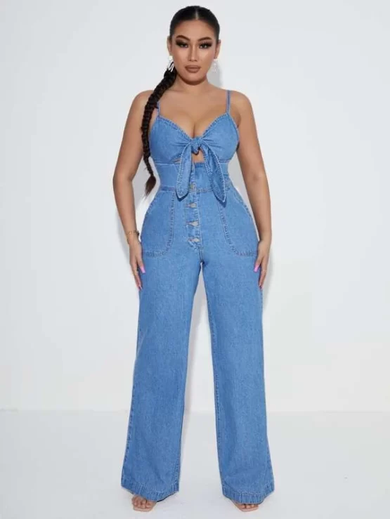 Knot Pocket Preppy Front Denim Cami Jumpsuit